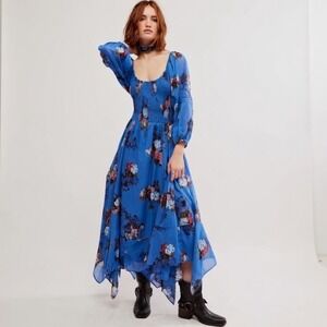 Free People Morning‎ Glory Maxi Dress Blue Floral Asymmetrical Boho Medium